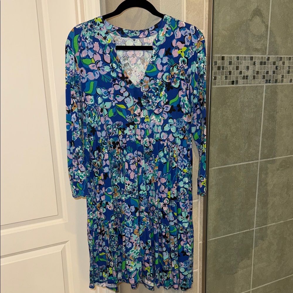 Lilly Pulitzer Alaina 3/4 Sleeve Dress Blue Grotto Twilight Tropics Size XL